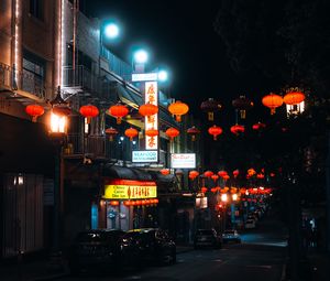 Preview wallpaper street, signs, night, cars, lanterns, dark