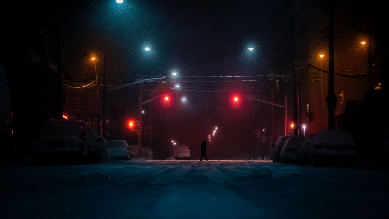 Wallpaper street, silhouette, dark, night, snow
