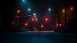 Preview wallpaper street, silhouette, dark, night, snow