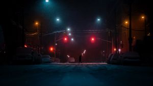 Preview wallpaper street, silhouette, dark, night, snow