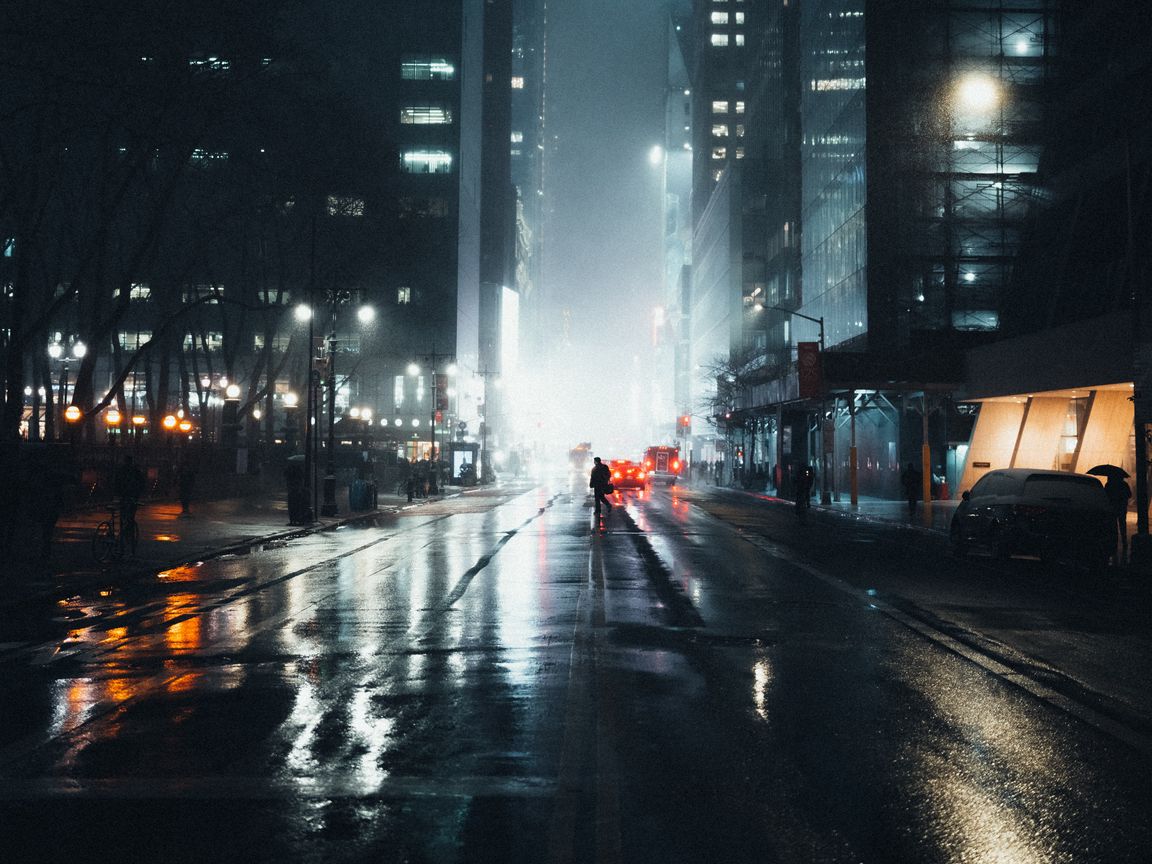 Download wallpaper 1152x864 street, silhouette, night, fog, light, city ...