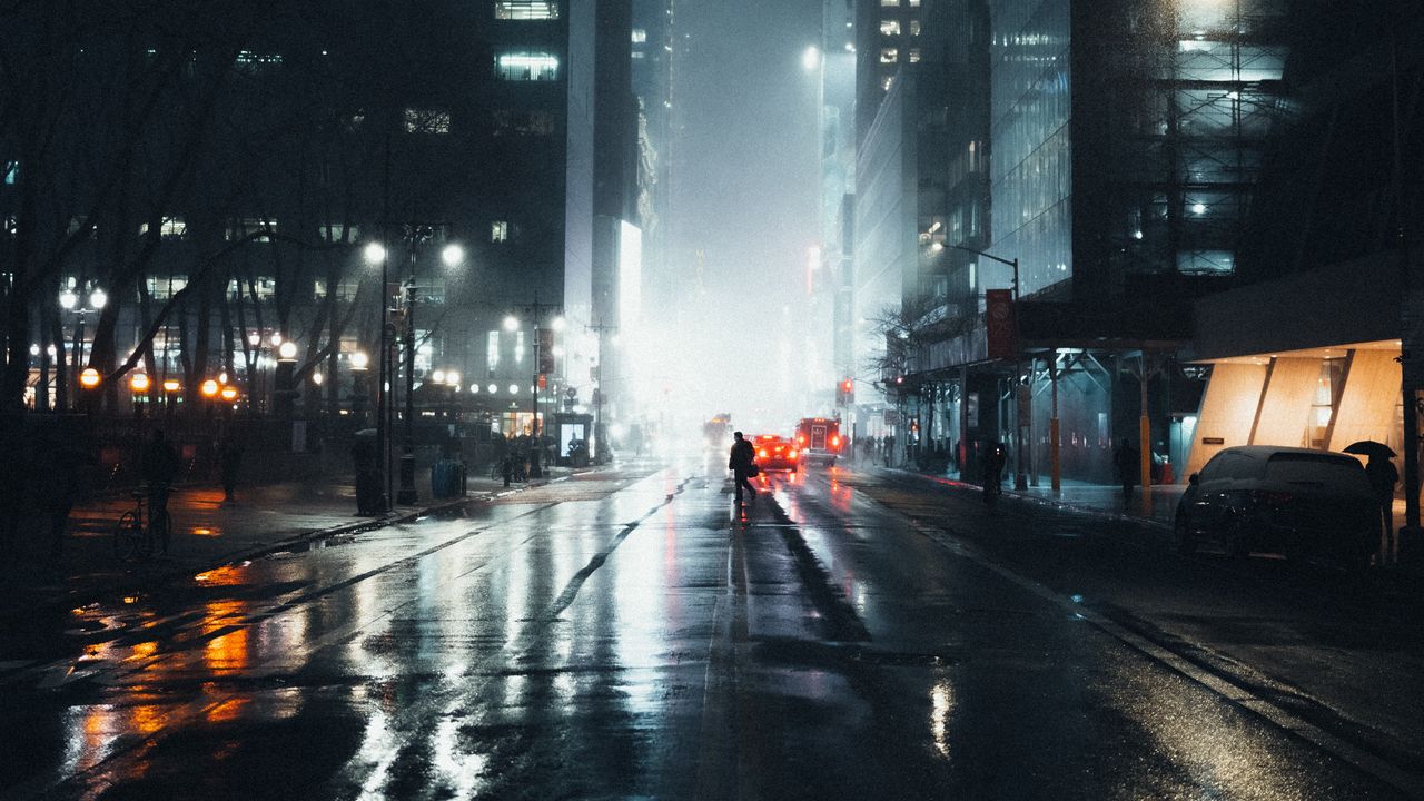 Wallpaper street, silhouette, night, fog, light, city