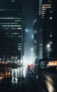 Preview wallpaper street, silhouette, night, fog, light, city