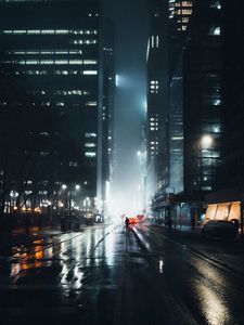 Preview wallpaper street, silhouette, night, fog, light, city