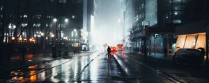 Preview wallpaper street, silhouette, night, fog, light, city