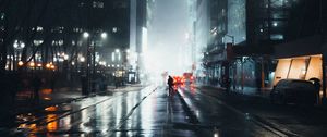 Preview wallpaper street, silhouette, night, fog, light, city