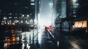 Preview wallpaper street, silhouette, night, fog, light, city