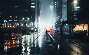 Preview wallpaper street, silhouette, night, fog, light, city