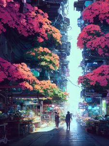 Preview wallpaper street, silhouettes, buildings, flowers, art