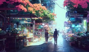 Preview wallpaper street, silhouettes, buildings, flowers, art