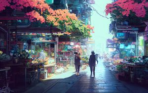 Preview wallpaper street, silhouettes, buildings, flowers, art