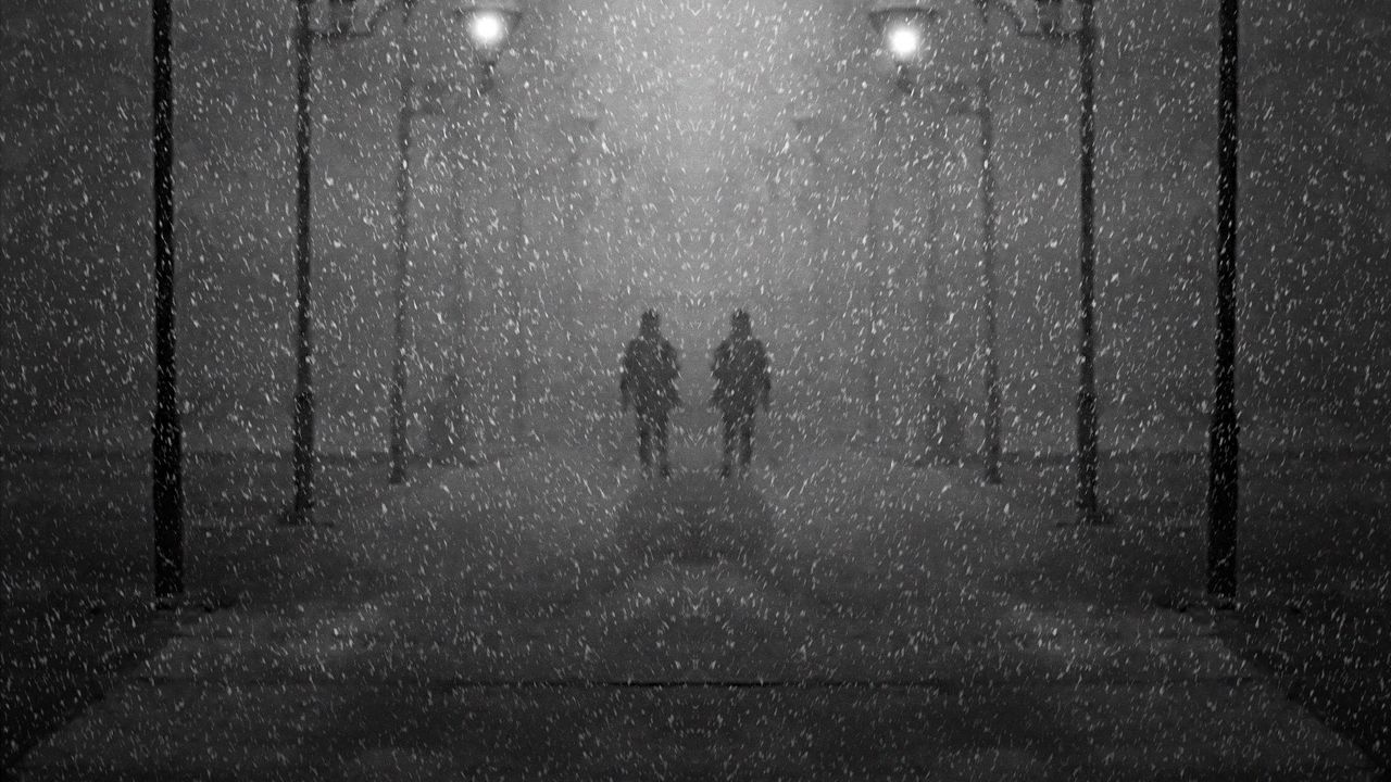 Wallpaper street, snow, blizzard, people, silhouettes