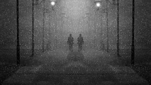 Preview wallpaper street, snow, blizzard, people, silhouettes
