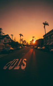 Preview wallpaper street, sunset, palm trees, road, road signs, cars