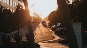 Preview wallpaper street, trees, buildings, cars, sunlight