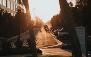 Preview wallpaper street, trees, buildings, cars, sunlight