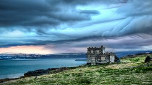 Preview wallpaper structure, coast, sea, clouds, cloudy