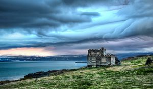 Preview wallpaper structure, coast, sea, clouds, cloudy