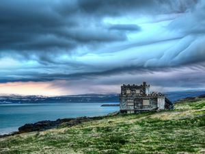 Preview wallpaper structure, coast, sea, clouds, cloudy