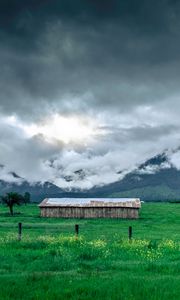 Preview wallpaper structure, grass, mountains, fog