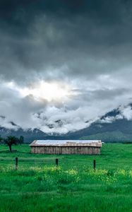 Preview wallpaper structure, grass, mountains, fog