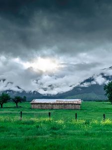 Preview wallpaper structure, grass, mountains, fog