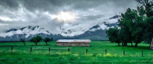 Preview wallpaper structure, grass, mountains, fog