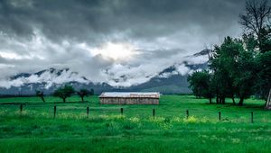 Preview wallpaper structure, grass, mountains, fog