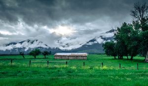 Preview wallpaper structure, grass, mountains, fog