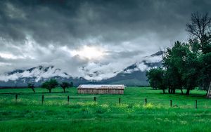 Preview wallpaper structure, grass, mountains, fog