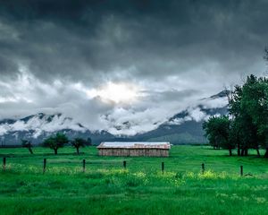 Preview wallpaper structure, grass, mountains, fog