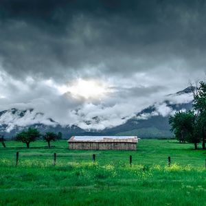 Preview wallpaper structure, grass, mountains, fog