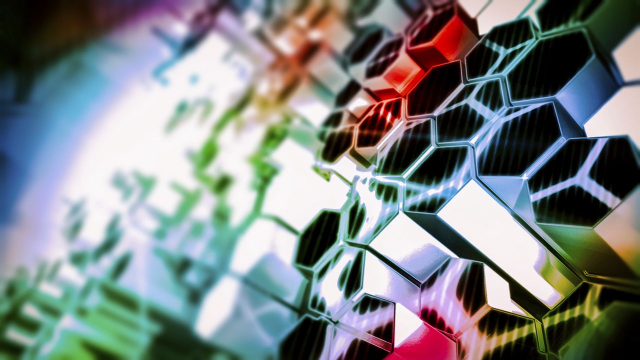 Wallpaper structure, hexagons, colorful, light, glare