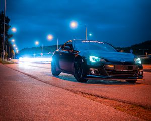 Preview wallpaper subaru, car, black, road, night, lights