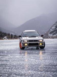 Preview wallpaper subaru, car, gray, front view, ice