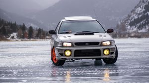 Preview wallpaper subaru, car, gray, front view, ice