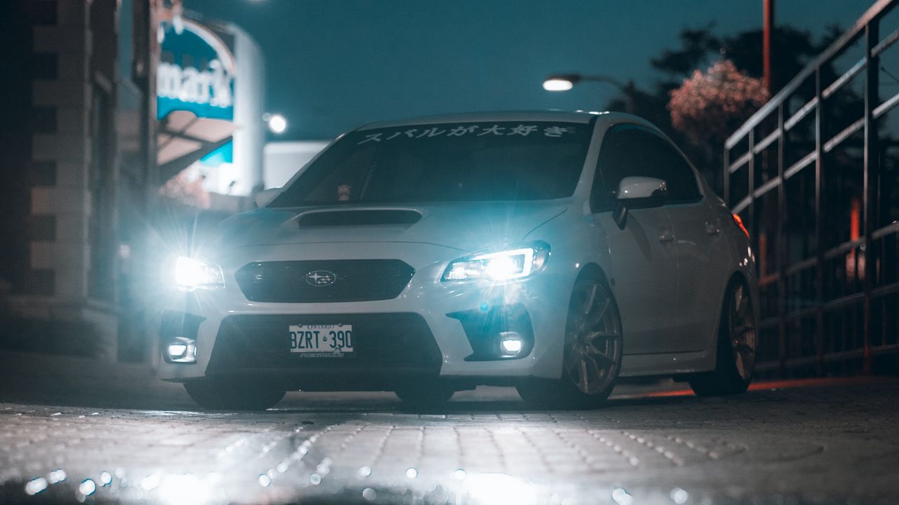 Wallpaper subaru, car, headlights, glow