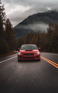 Preview wallpaper subaru, car, red, road, speed