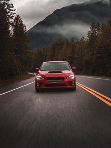 Preview wallpaper subaru, car, red, road, speed