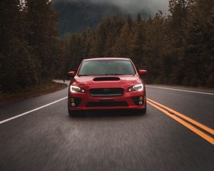 Preview wallpaper subaru, car, red, road, speed