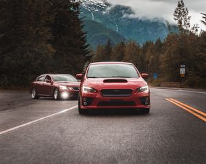 Preview wallpaper subaru, car, red, front view, road, asphalt