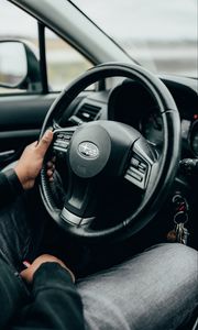 Preview wallpaper subaru, car, steering wheel, hands, black