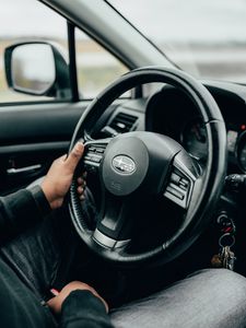 Preview wallpaper subaru, car, steering wheel, hands, black
