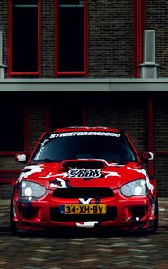 Preview wallpaper subaru impreza sti wrx, subaru, sportscar, front view, camouflage, red