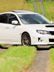 Preview wallpaper subaru, impreza, white, trail, trees, grass