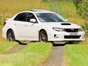 Preview wallpaper subaru, impreza, white, trail, trees, grass