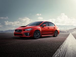 Preview wallpaper subaru, red, road, side view