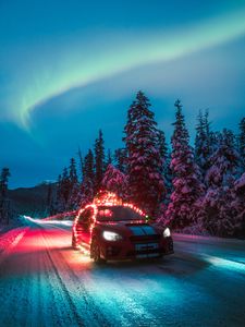 Preview wallpaper subaru sti, car, garlands, road, winter, night