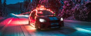 Preview wallpaper subaru sti, car, garlands, road, winter, night