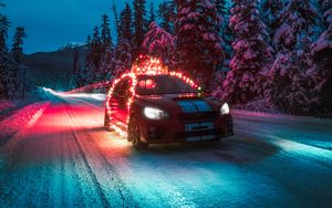 Preview wallpaper subaru sti, car, garlands, road, winter, night